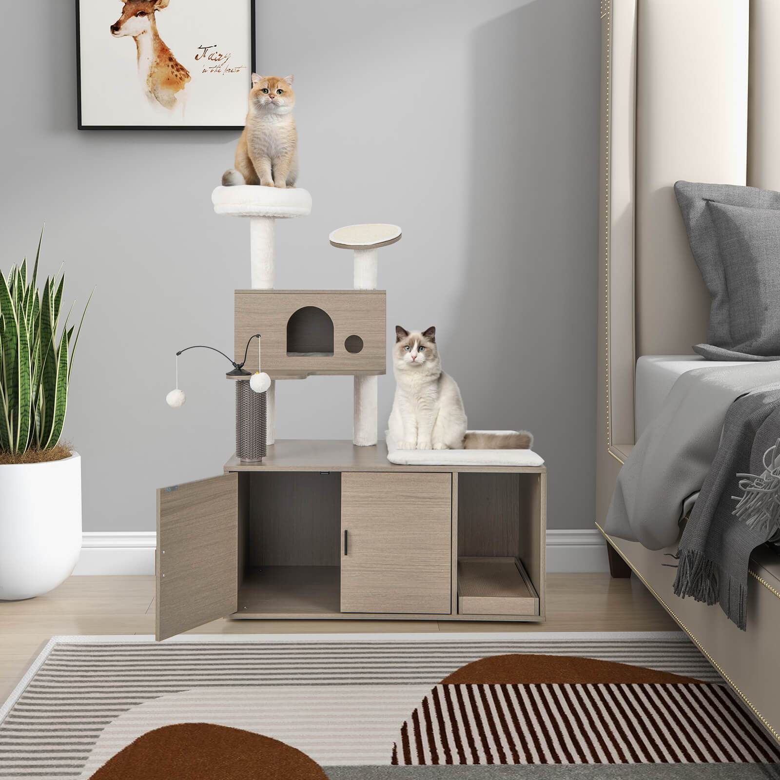 Kratzbaum mit Katzentoilettengehäuse, moderner 2-in-1-Katzenturm mit Katzenhaus
